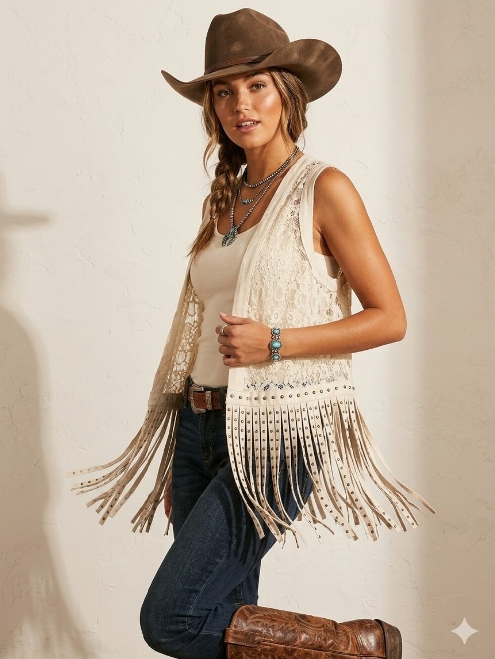 Vocal Cream Western Boho Lace Fringe Studded Vest Large